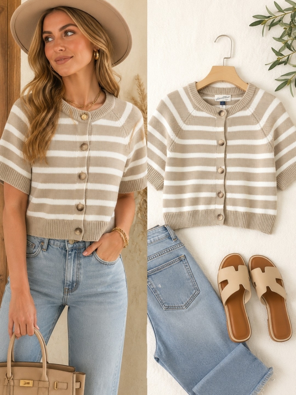 Universal Thread Beige Ivory Striped Cropped Cardigan Sweater M Button Quiet Lux